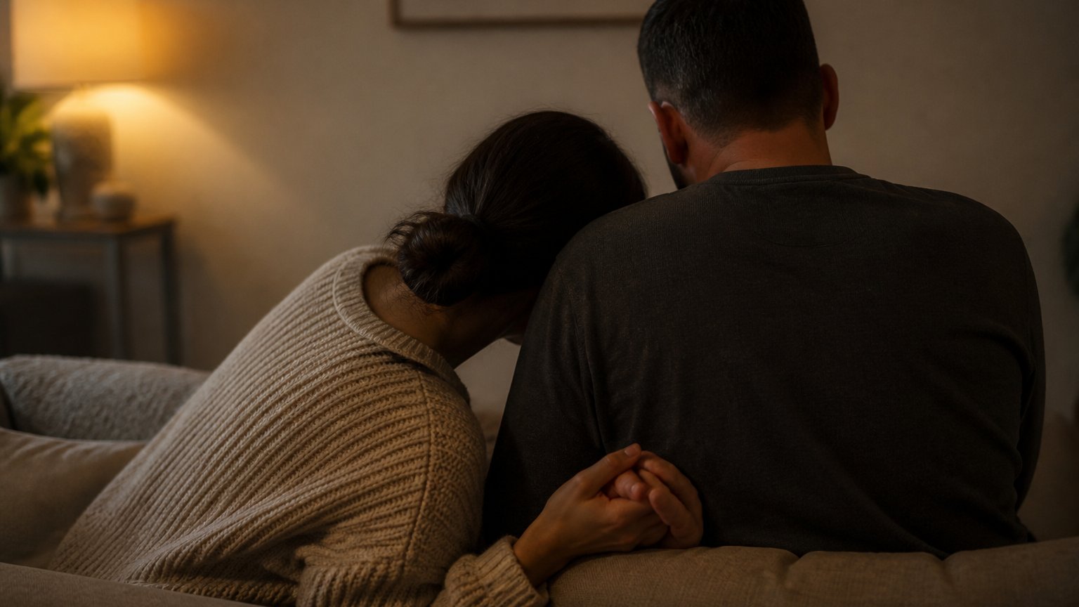 Two people on a sofa where one leans in close seeking reassurance and closeness