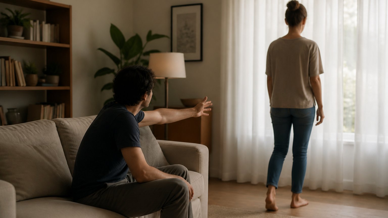 One partner reaching toward another who is turned toward a bright window, contrasting closeness-seeking and space-seeking