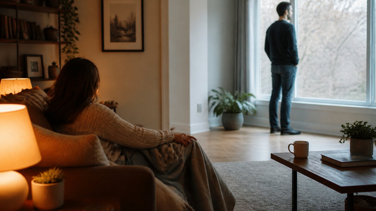 A calm room split into two contrasting moods, one warm and close and one open and airy, showing the two attachment styles side by side