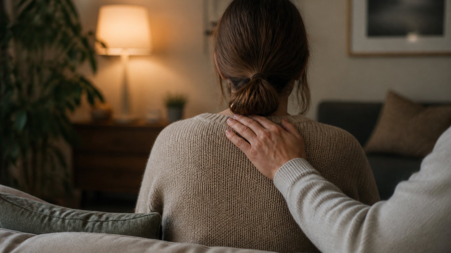 A supportive hand resting gently on a person's shoulder in warm indoor light, conveying comfort and safety