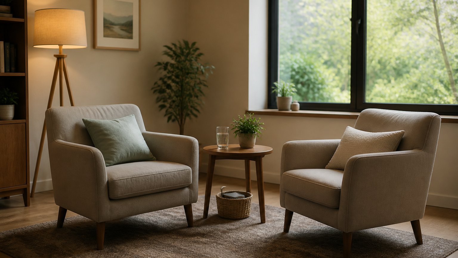 A calm counseling-style room with two comfortable chairs facing each other in warm daylight, suggesting a safe space to talk