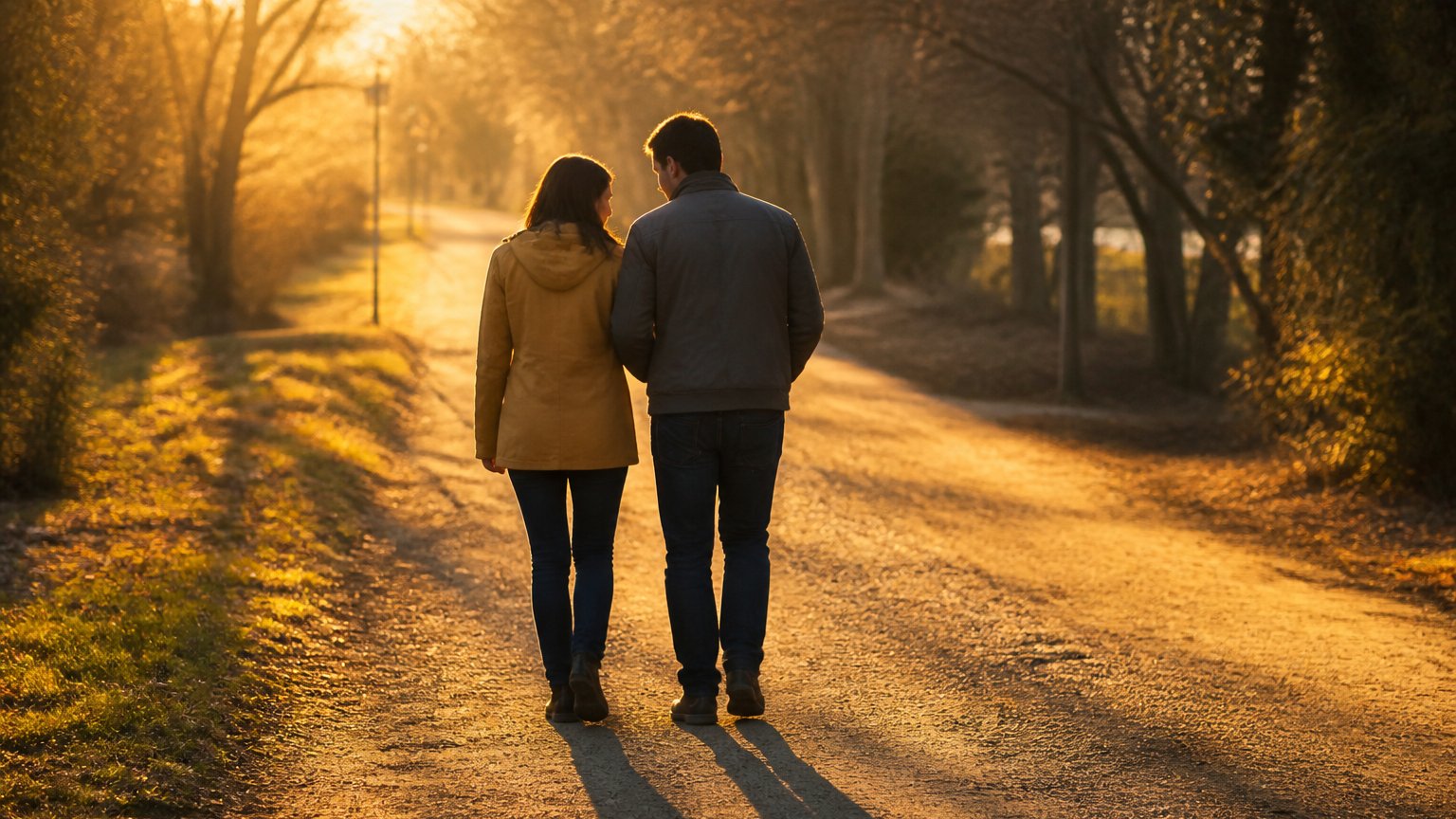 Two people walking together on a path at golden hour, working through a quiet moment side by side