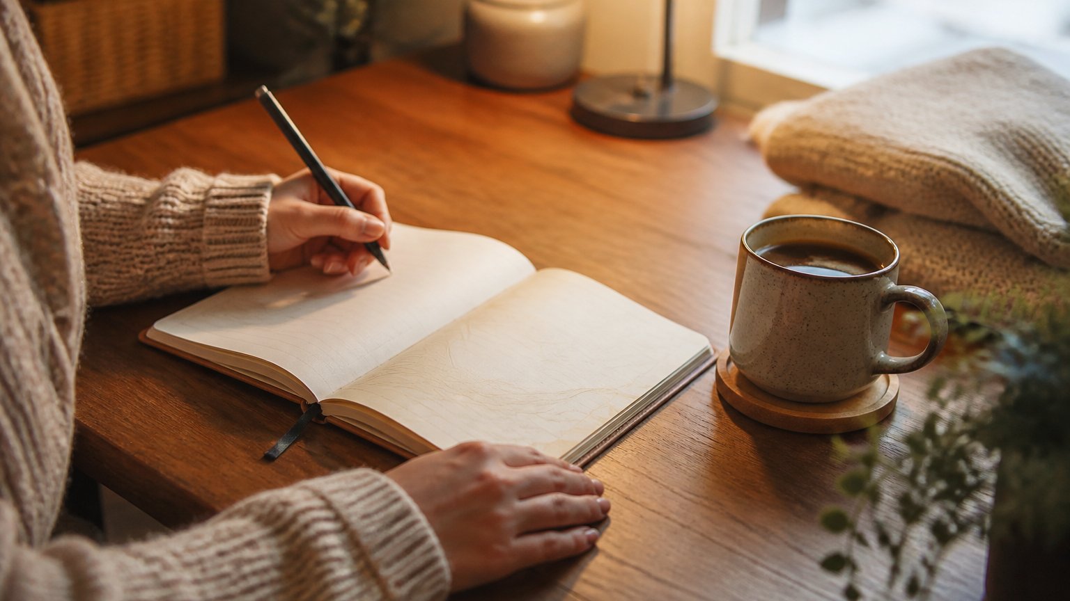 Hands writing in a plain blank workbook at a desk in soft light