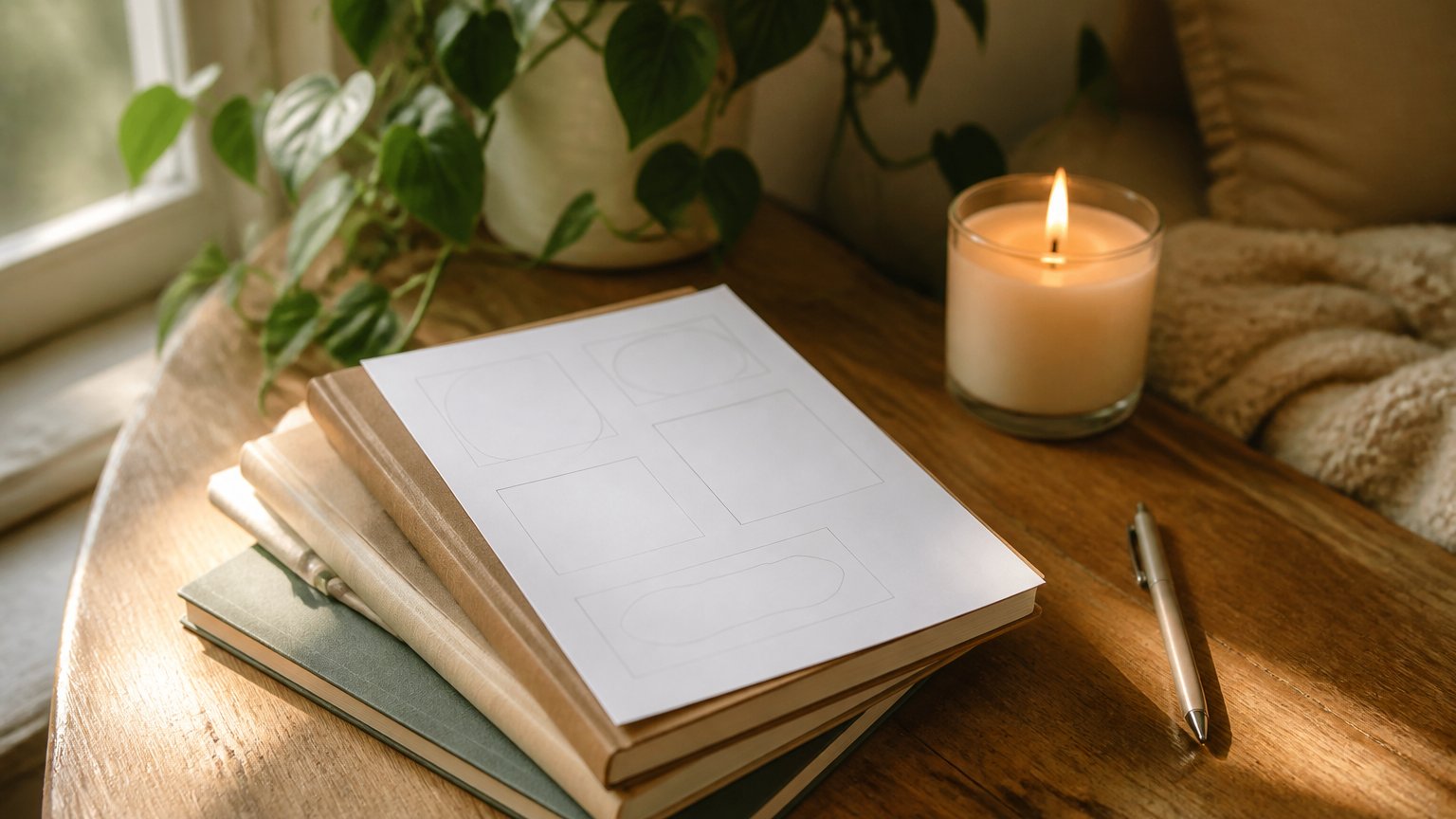 A cozy desk with plain notebooks, a lit candle, and a small plant in warm light
