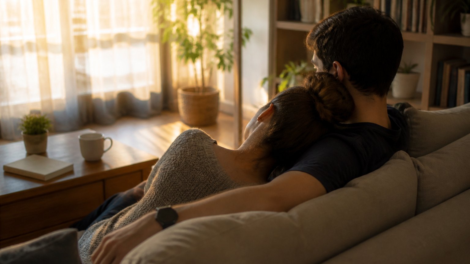 A couple sitting close and relaxed together on a sofa in warm light, evoking secure connection