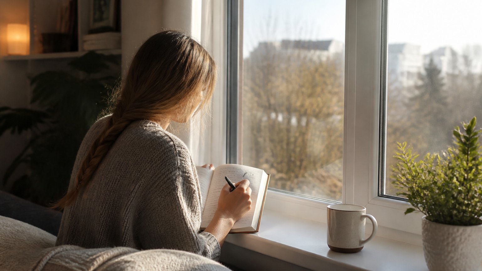 A person journaling peacefully by a bright window, evoking self-reflection and growth