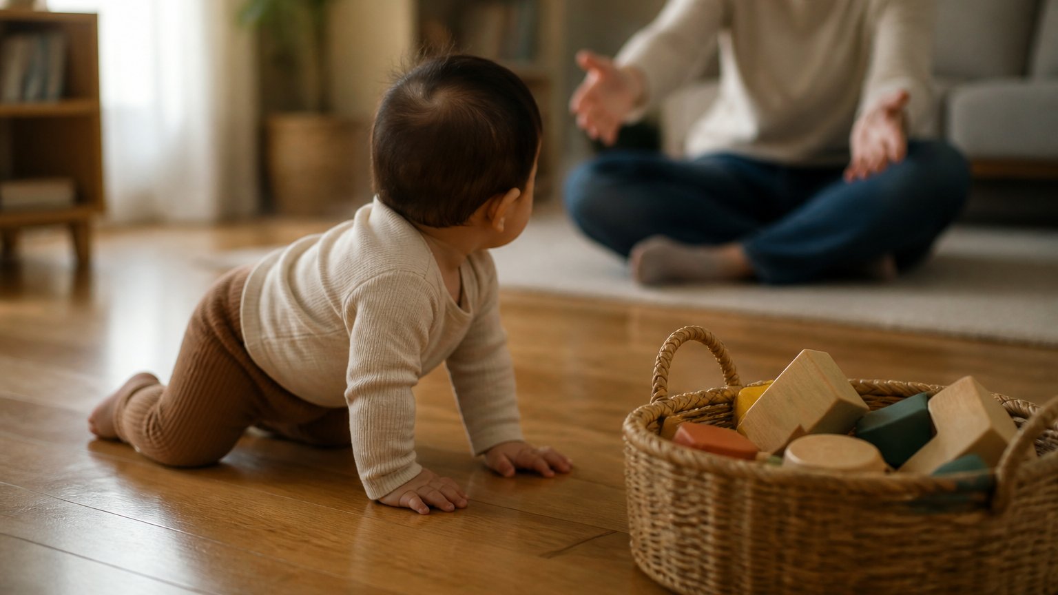 A toddler exploring a room while glancing back to a parent nearby, the secure base in action