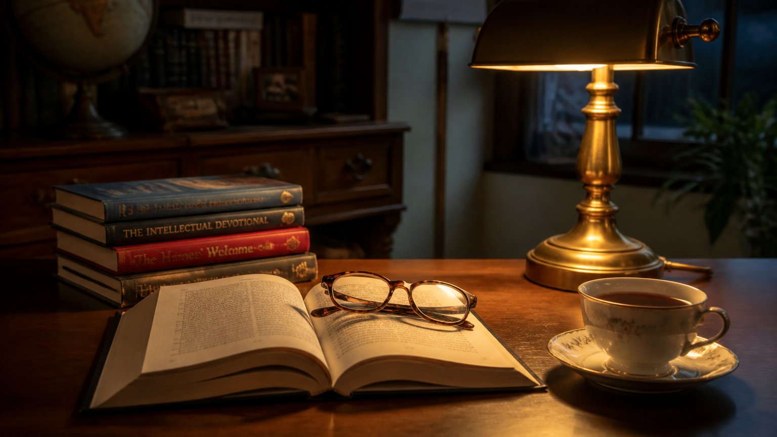 A calm study desk with open books and warm lamplight, a place for learning about the mind