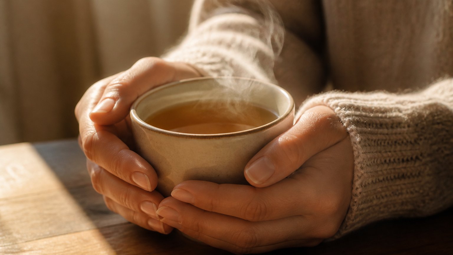 Two hands cradling a warm mug in gentle morning light, a moment of calm and self-soothing
