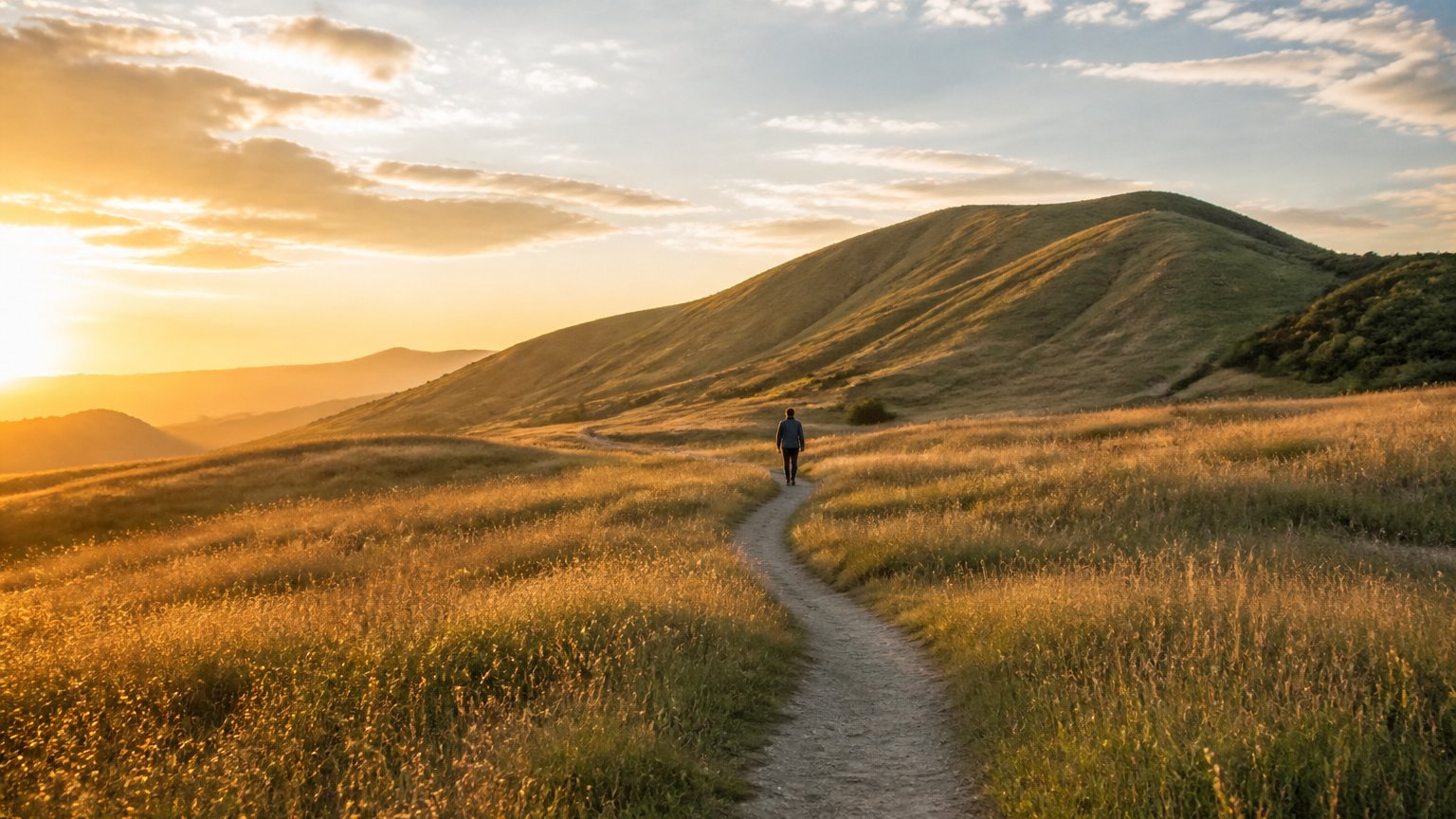 A calm nature path at golden hour, a grounding and hopeful scene of healing