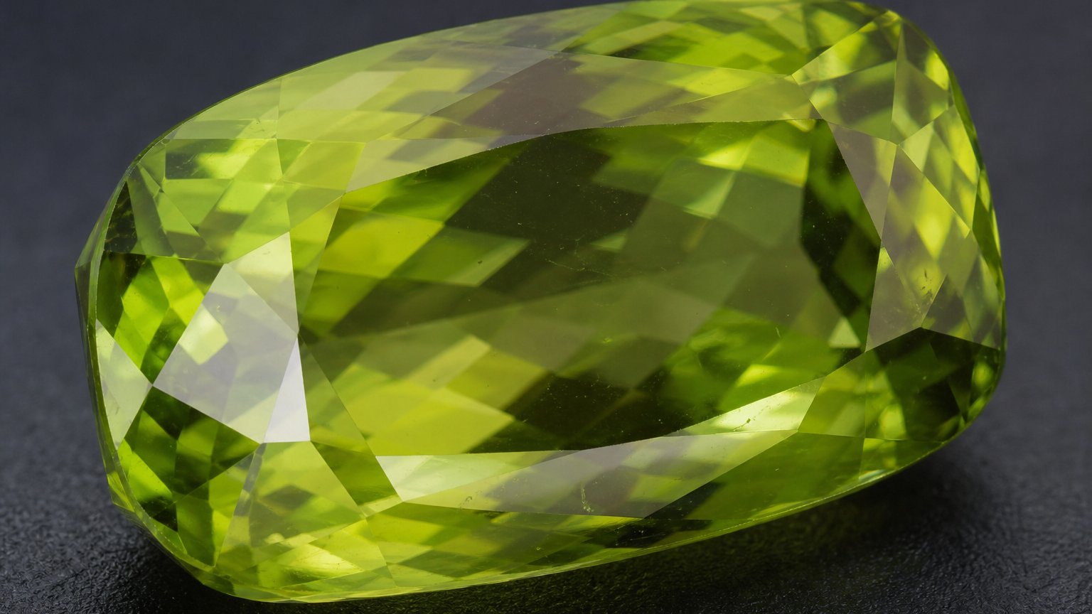 Close-up of a faceted lime-green peridot, the August birthstone, showing its yellow-green color