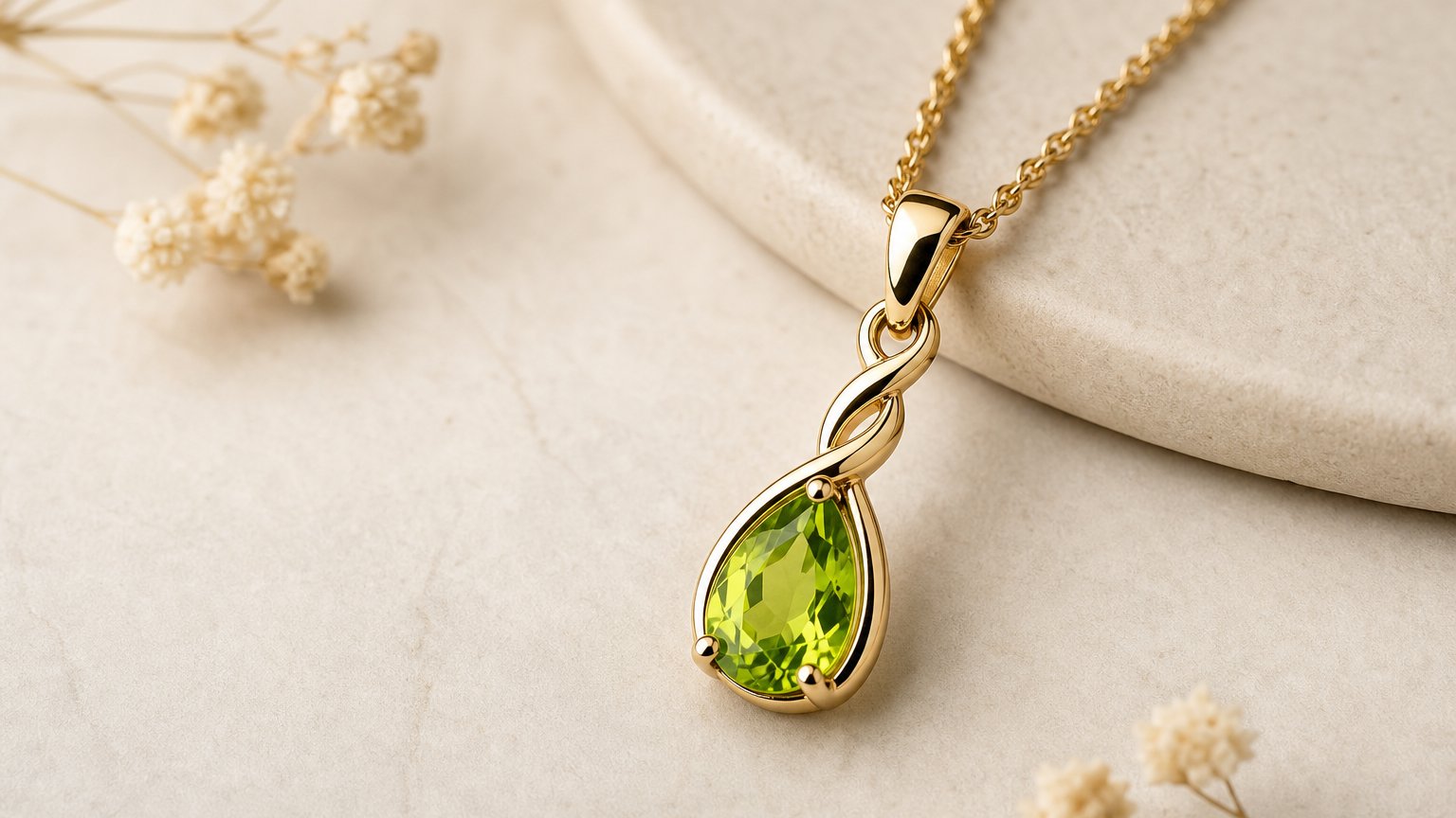 A lime-green peridot set in a pendant, the August birthstone worn as jewelry