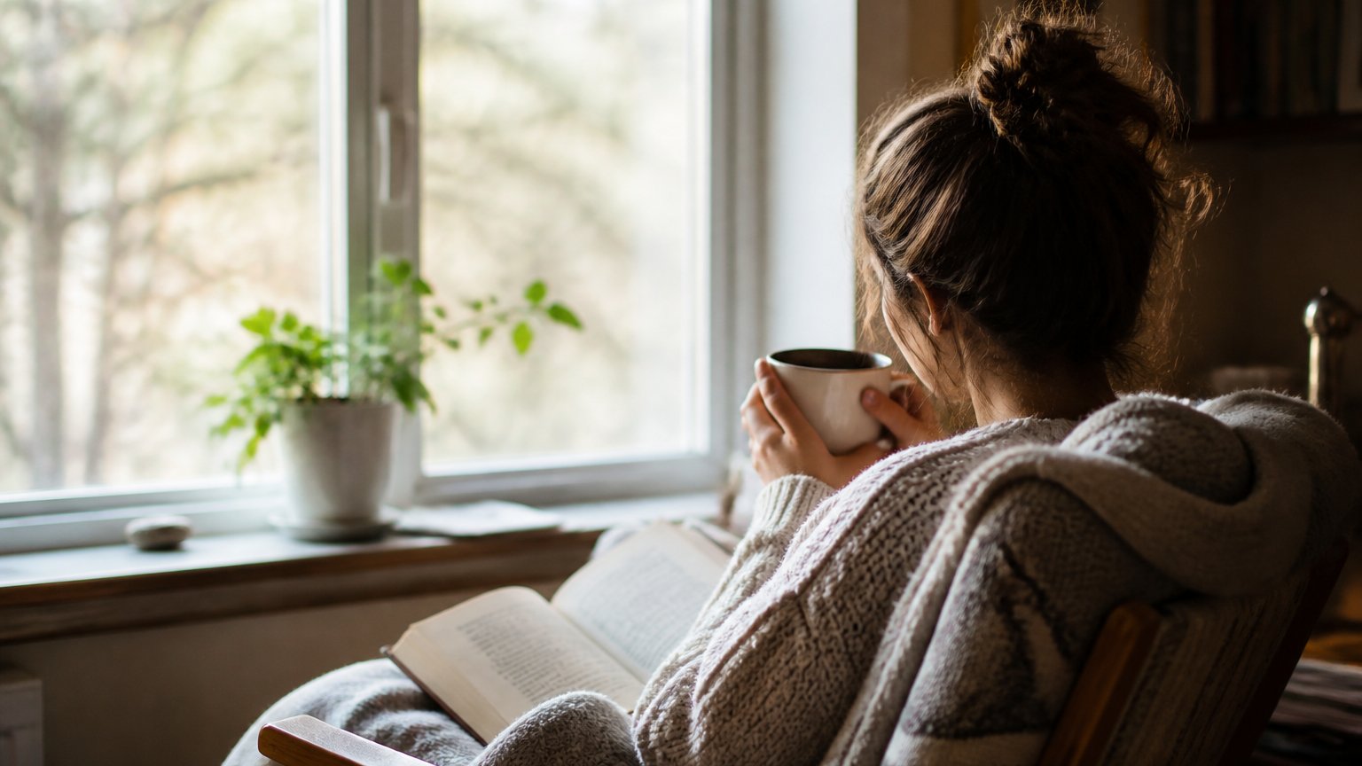 A person enjoying quiet solo time at home by a window, evoking the self-reliance and need for space in avoidant attachment