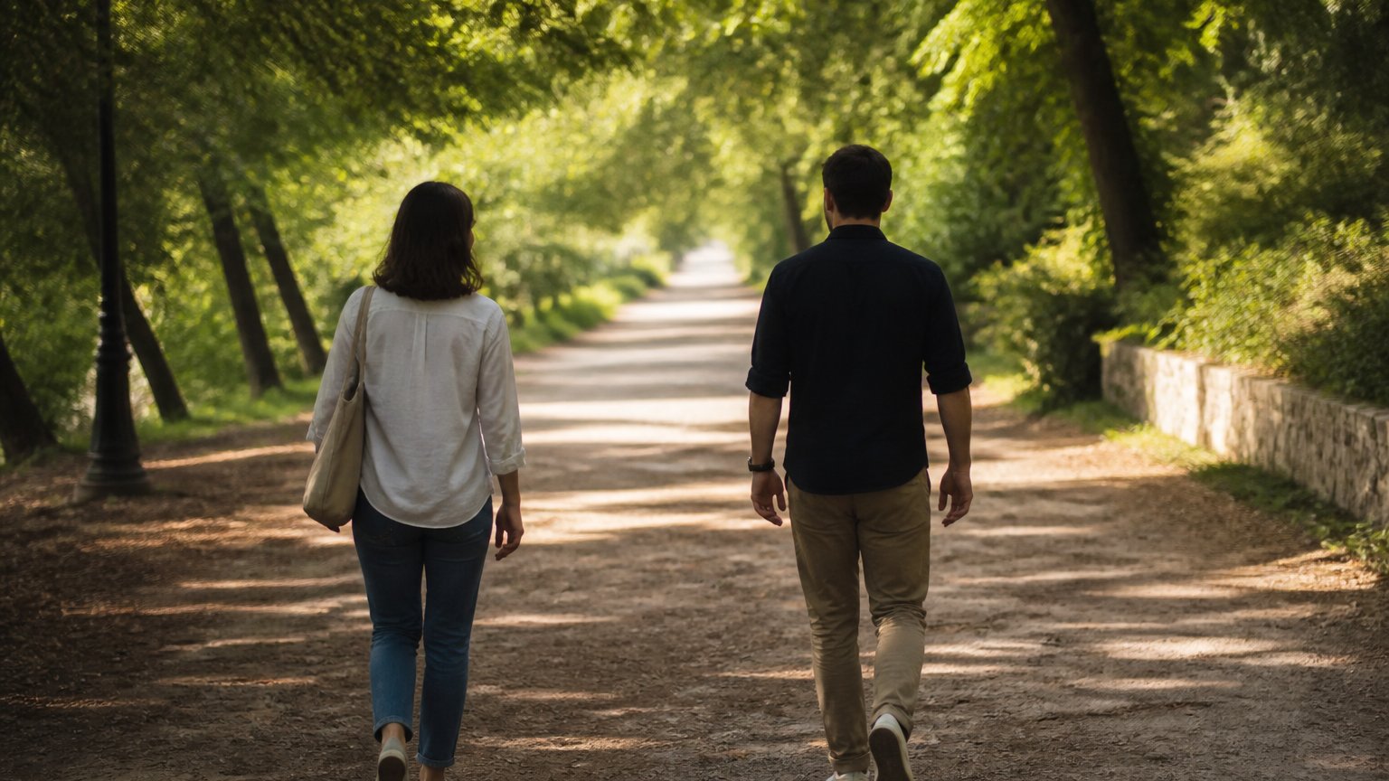 Two people walking side by side along a quiet tree-lined path outdoors, evoking companionship that still honors independence