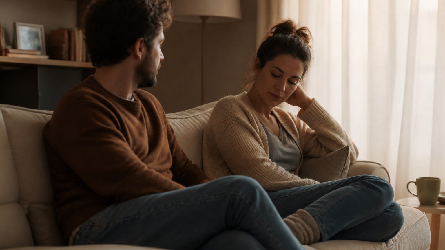 A couple sitting at opposite ends of a sofa in soft light, showing the gentle emotional distance common in avoidant attachment