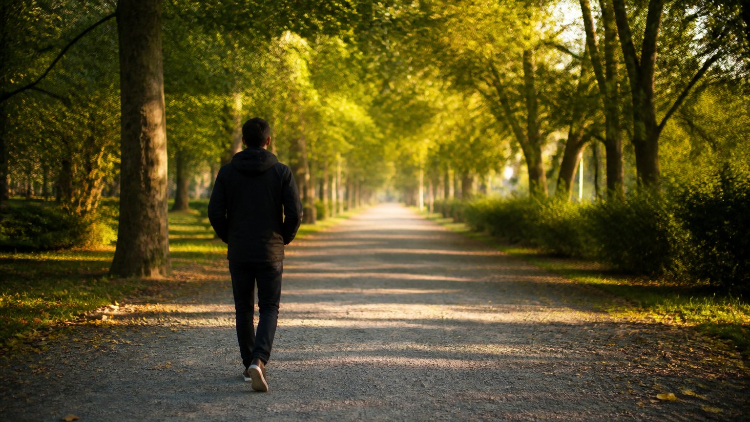 A person walking alone along a quiet tree-lined path in soft light, evoking self-reliance and a hopeful path toward connection