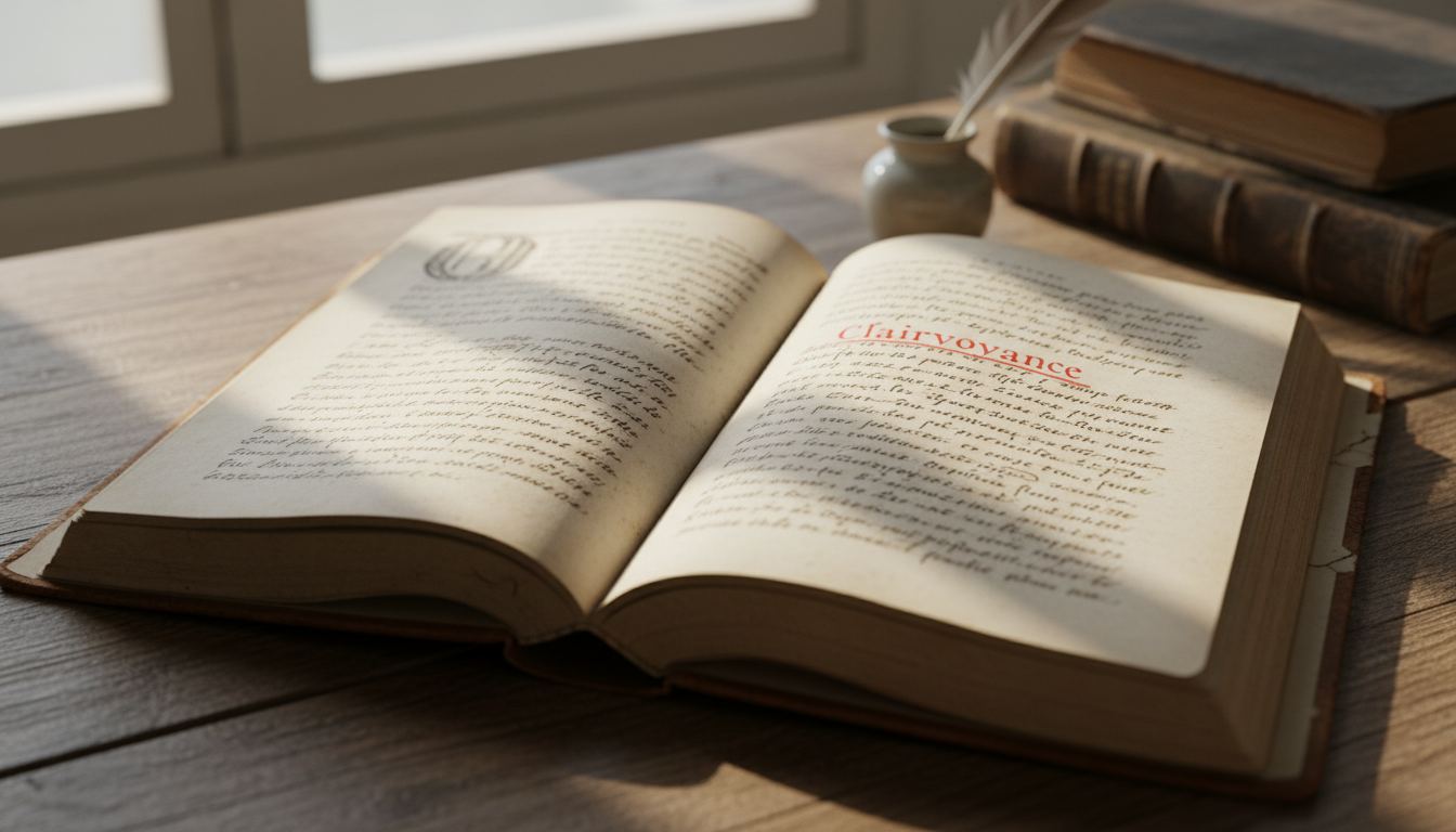 An open book displaying a French manuscript section with 'clairvoyance' highlighted, revealing aged paper texture in soft, natural light