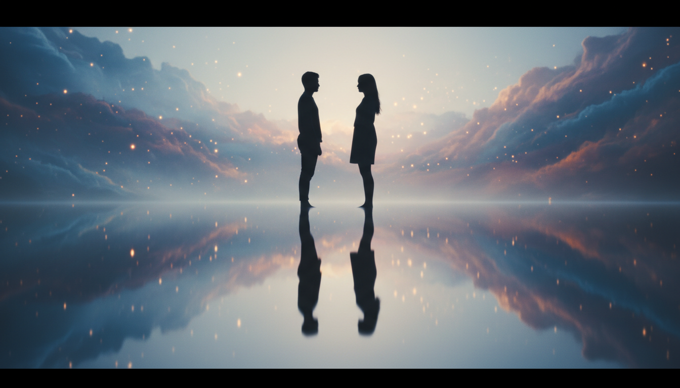 Reflective water surface with two silhouettes facing each other, suggesting the introspective journey of twin flames.