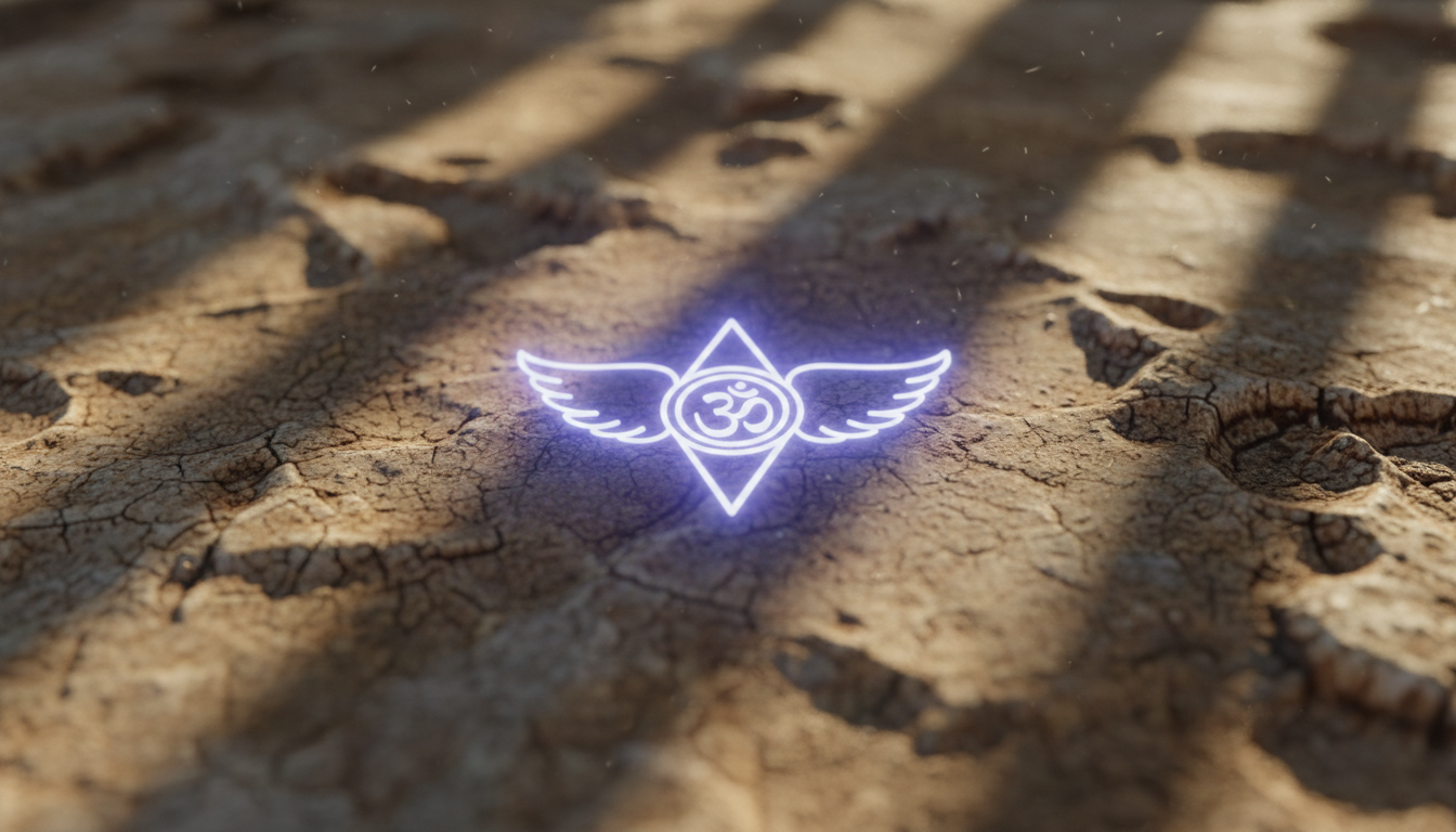 A glowing third eye chakra symbol in indigo hues on a textured organic surface with natural light beams around it