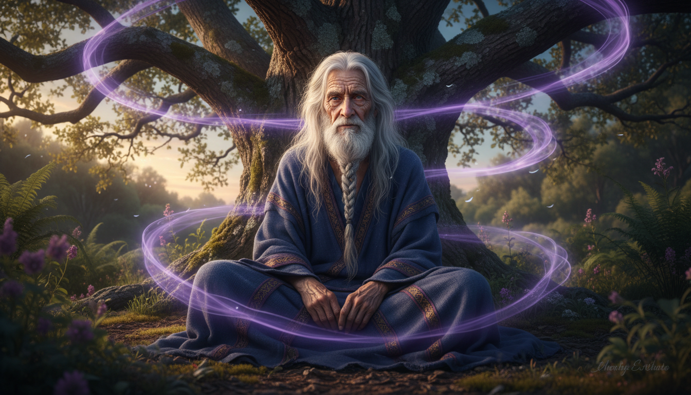 An elderly person with wise eyes sitting under a tree, surrounded by glowing purple energy wisps in natural light.