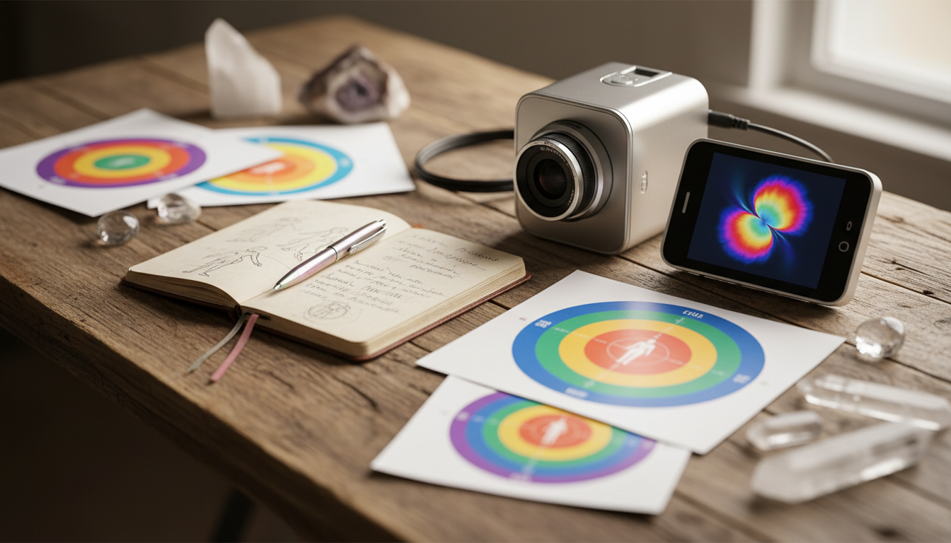 Close-up of aura reading tools such as a digital aura camera, notebook, and chakra charts on a rustic wooden table.