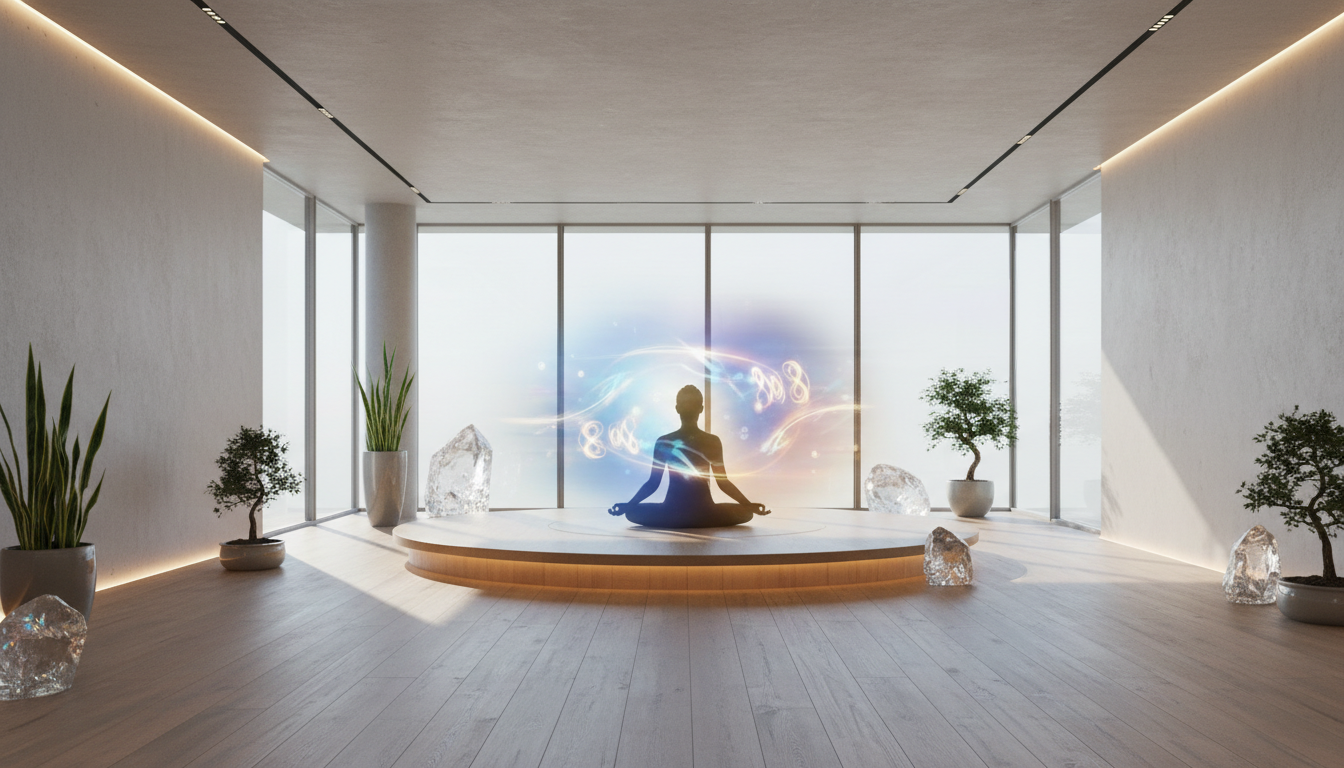 A tranquil, modern meditation space with glowing abstract designs of '808' interwoven into a luminous aura, enhancing spiritual focus.