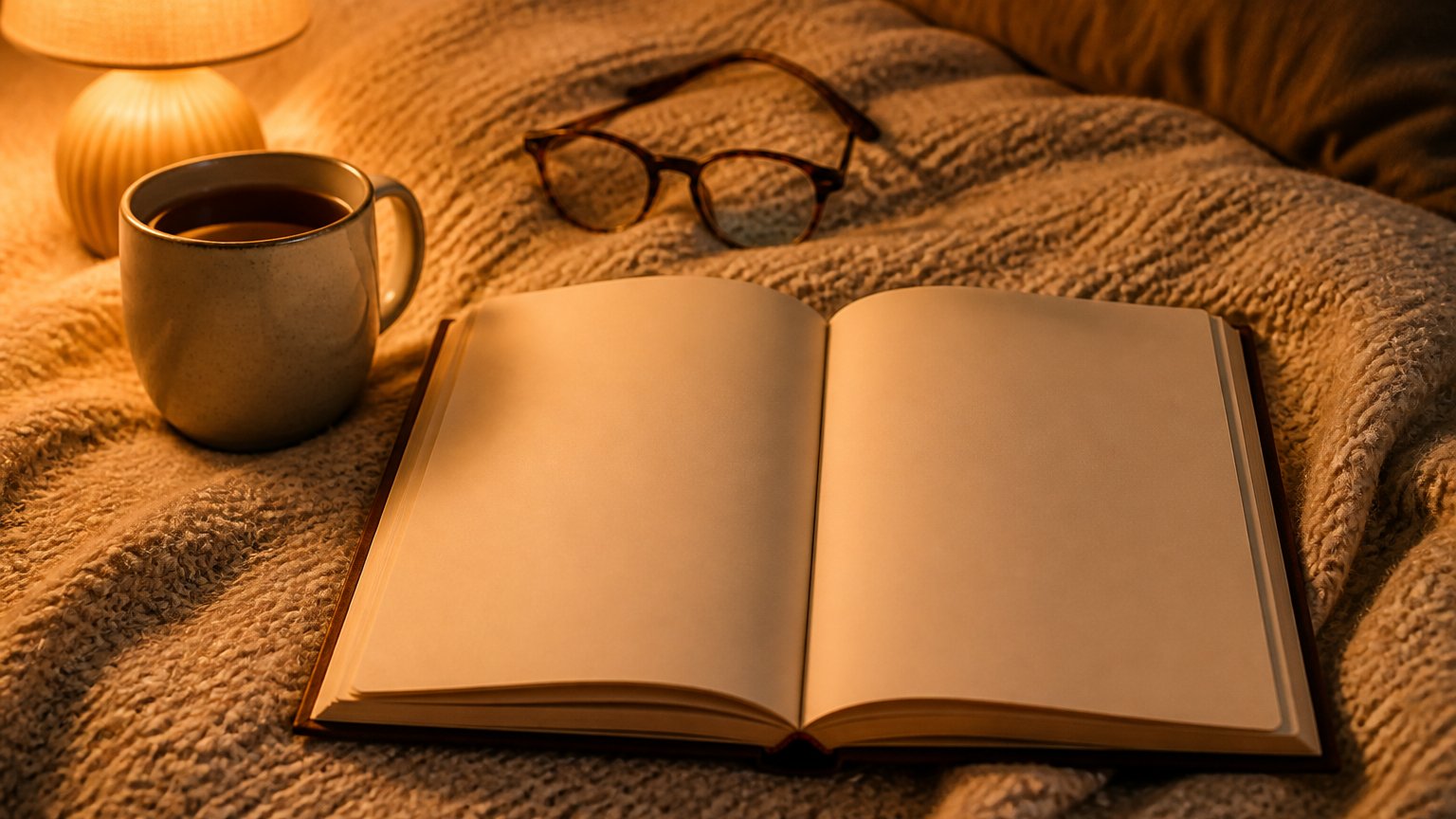 An open blank-page book resting on a soft knit blanket in warm lamplight