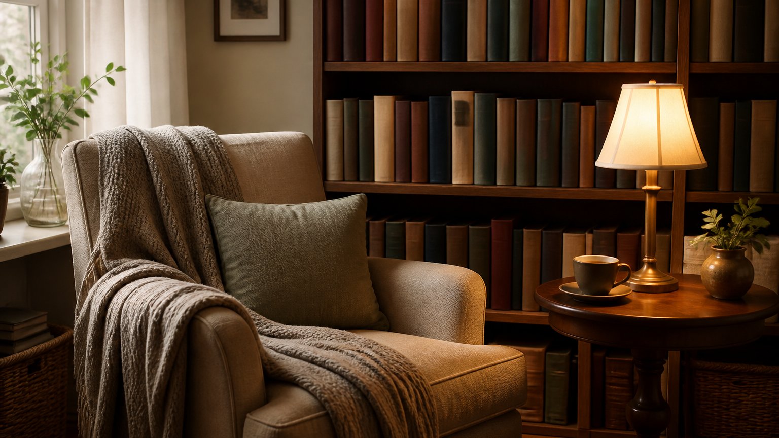 A warm home bookshelf and reading nook with an armchair and soft lighting