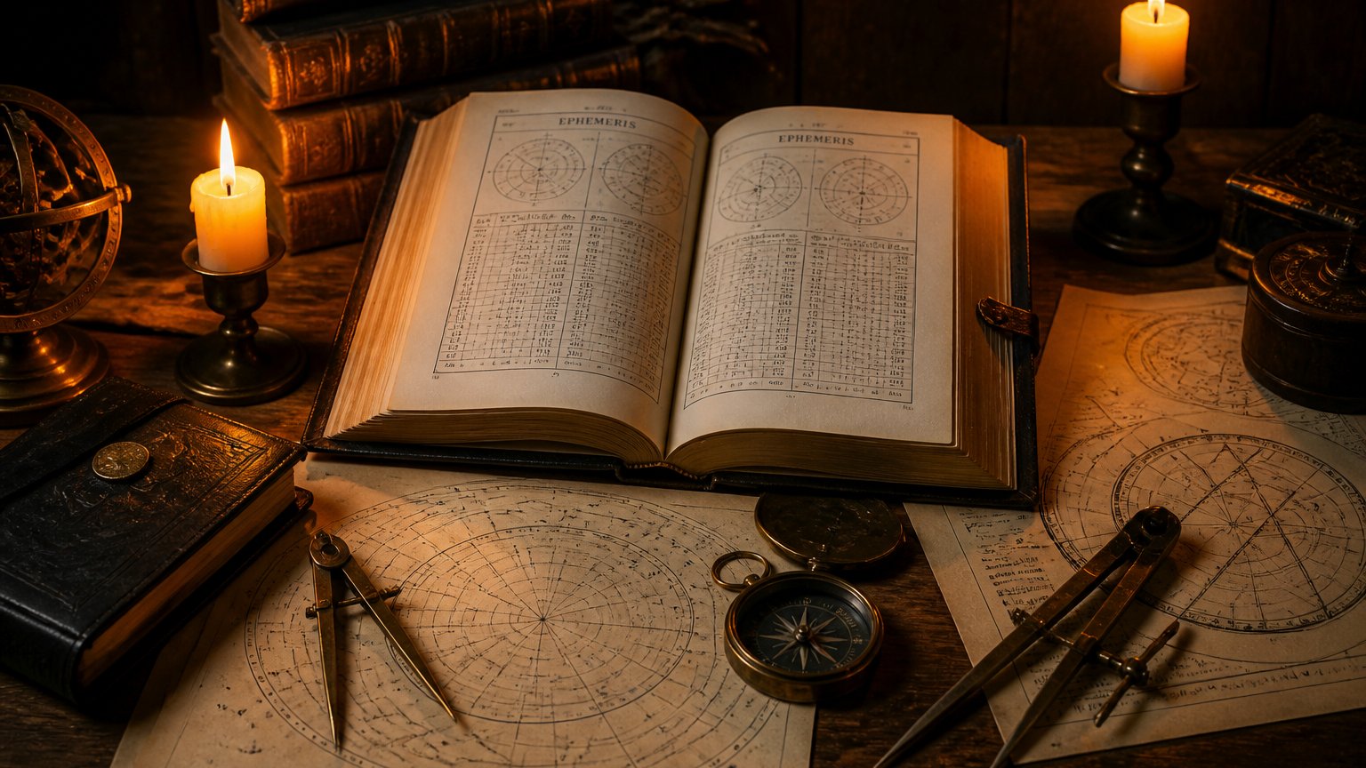 An astrologer's table with an open ephemeris and lit candles