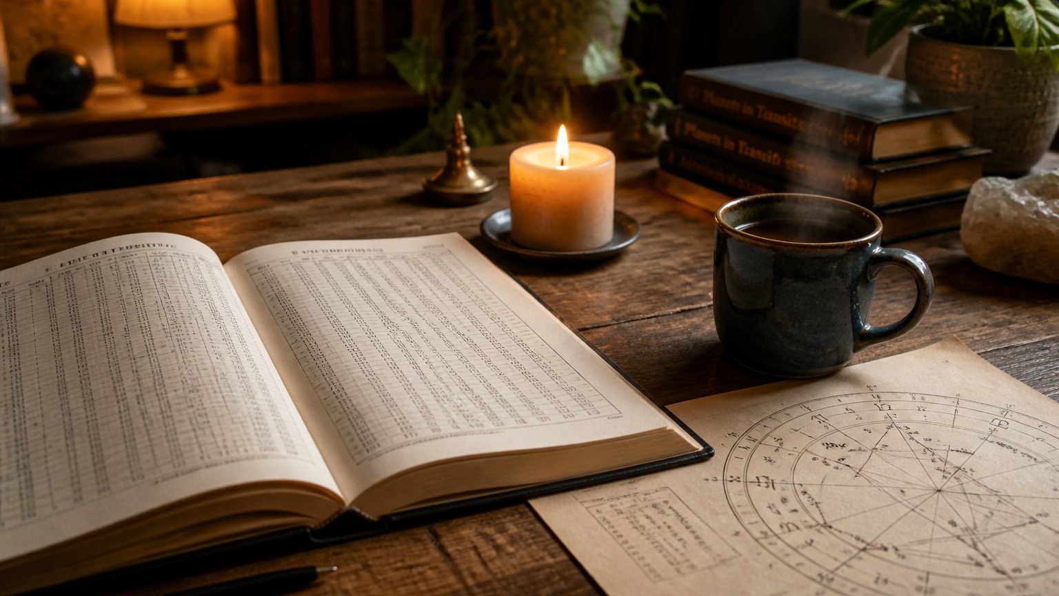 A detailed printed natal chart wheel on a wooden desk with crystals and a pen