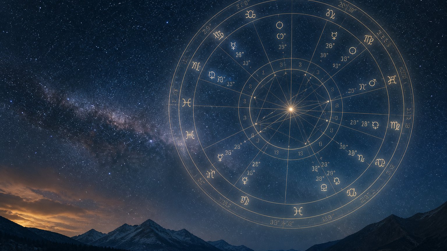 A birth chart wheel overlaid softly on a starry night sky