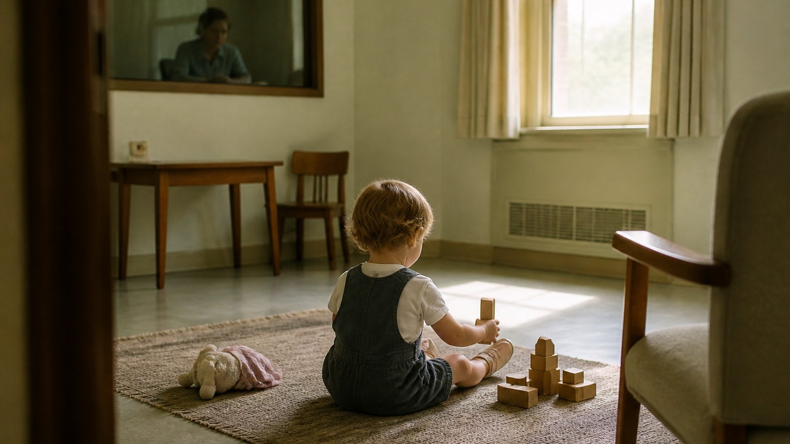 A young child playing with wooden blocks on the floor of a plain mid-century observation room, seen from behind