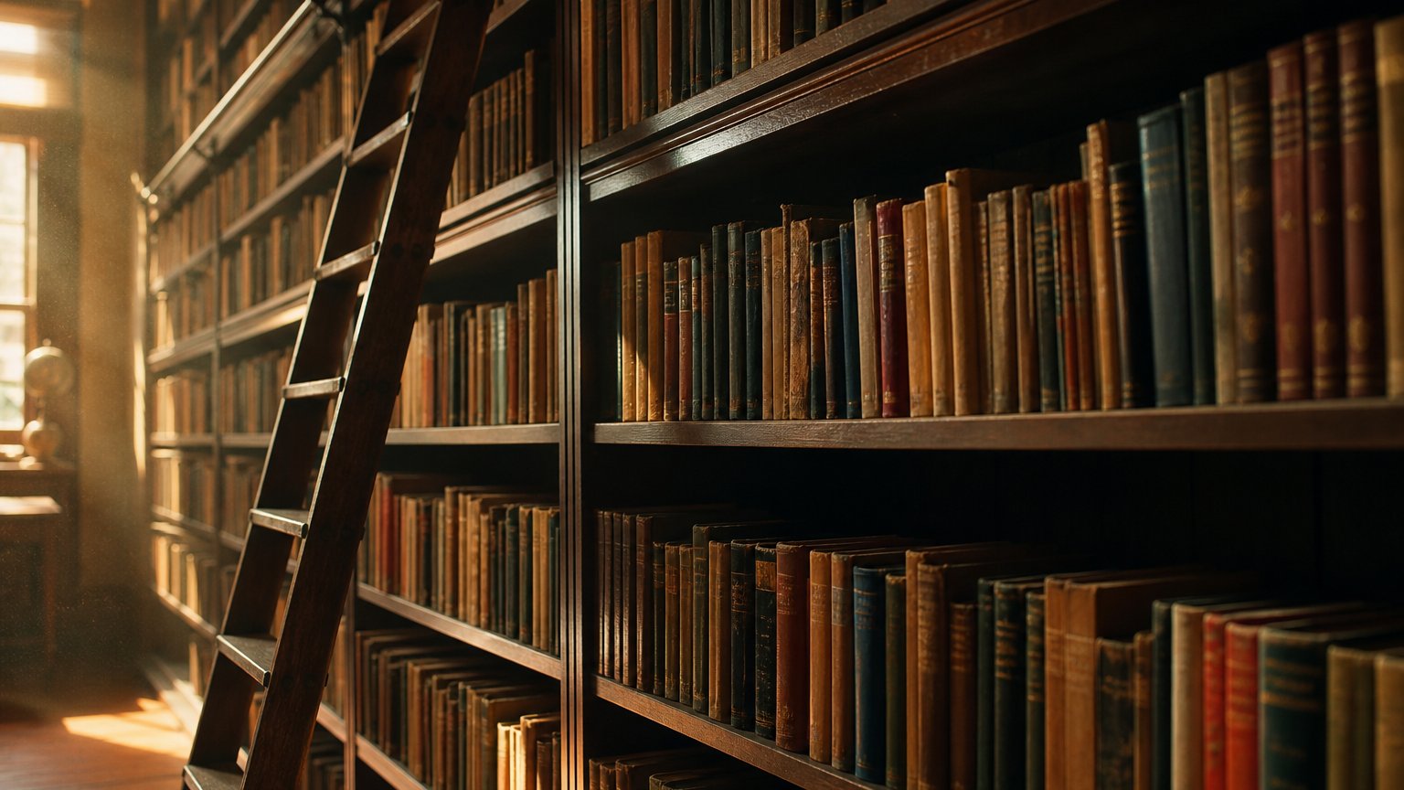 An aged library shelf of old psychology books in warm light with a rolling ladder