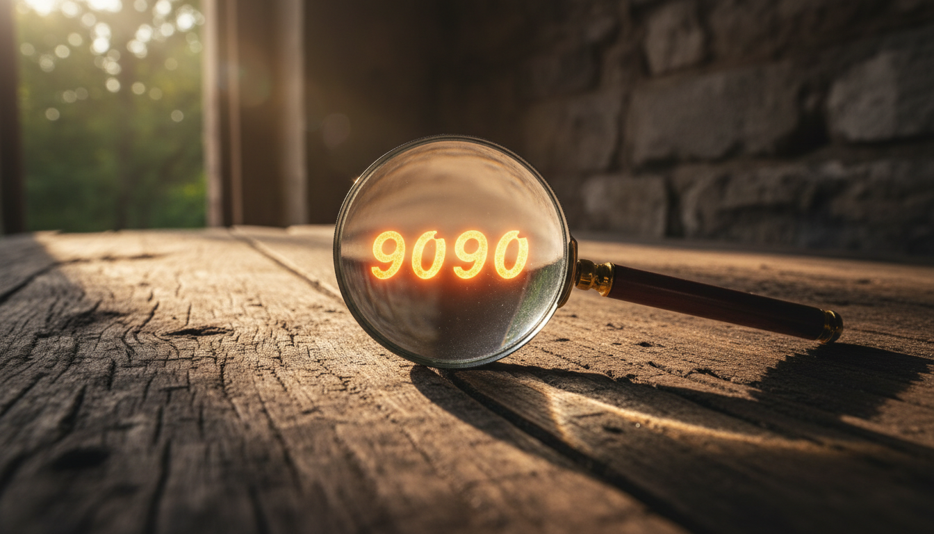 A polished glass magnifying lens on a rustic surface, focusing light into a glowing 9090, symbolizing clarity and transformation.