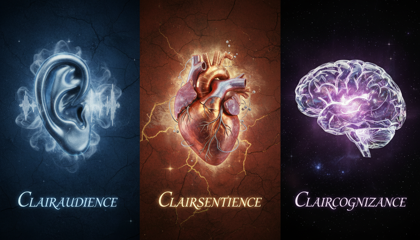 A collage image depicting psychic symbols for clairaudience, clairsentience, and claircognizance with realistic lighting and textured backgrounds.