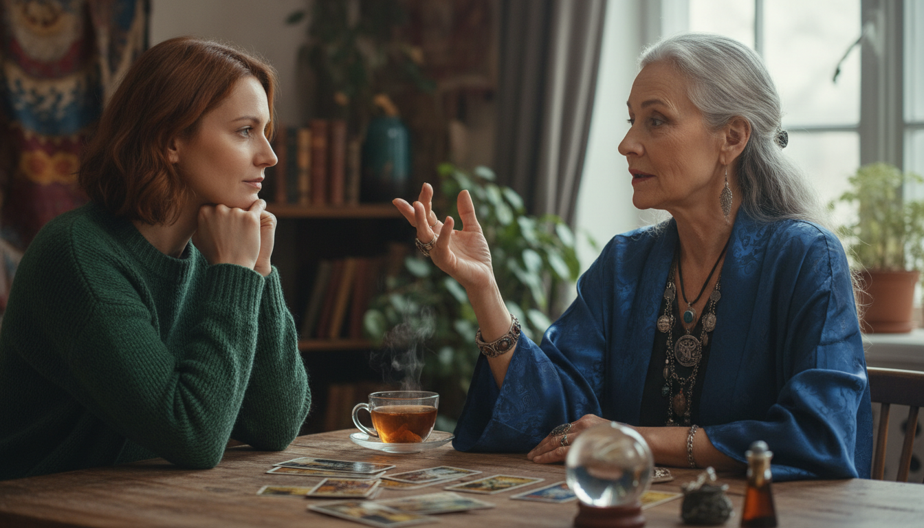 A psychic engaged in deep discussion with a client, highlighting thoughtful expressions and gestures during a reading session