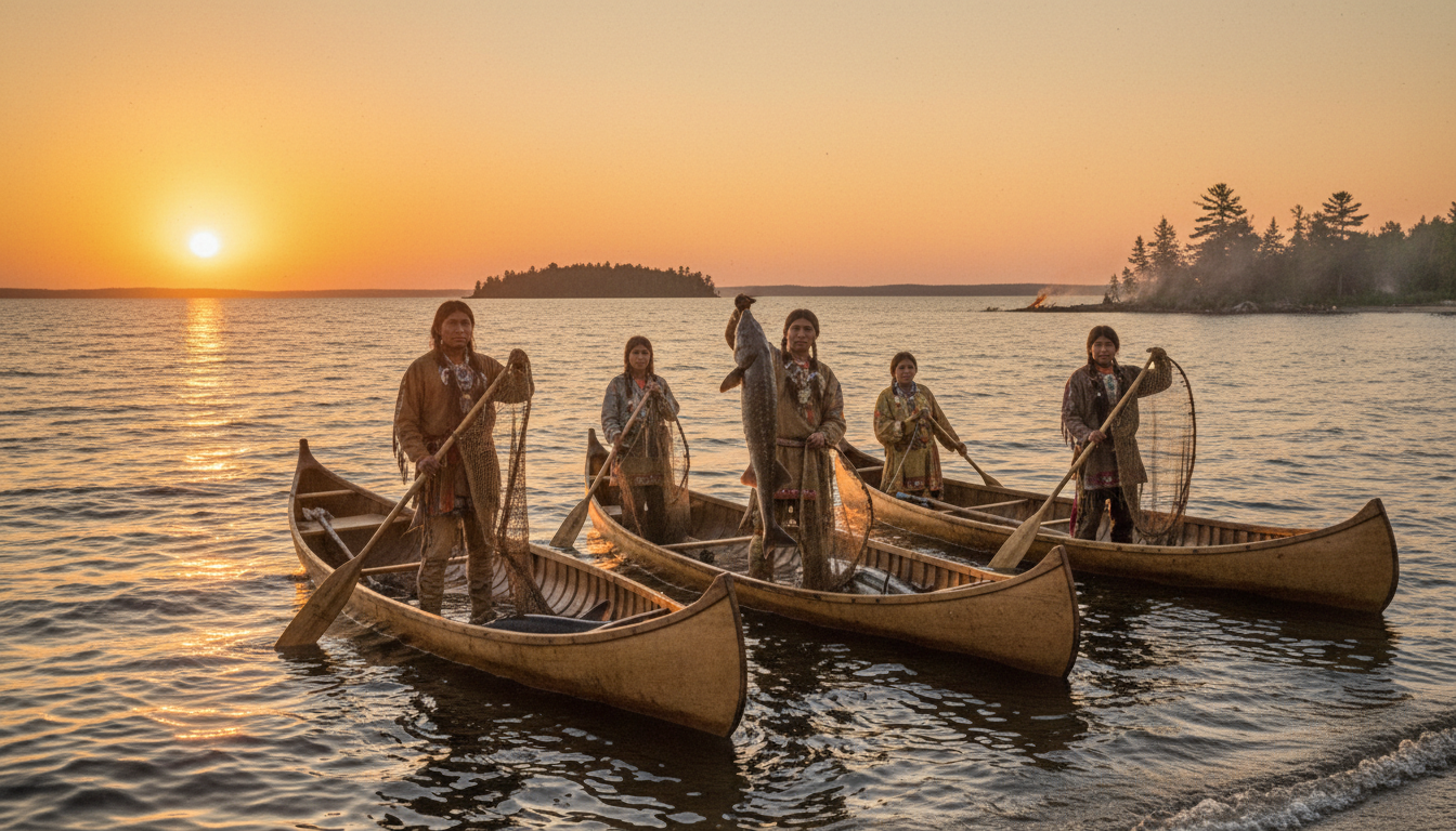 A historical depiction of Algonquian tribe members fishing for sturgeon in the Great Lakes at sunset, symbolizing tradition and abundance