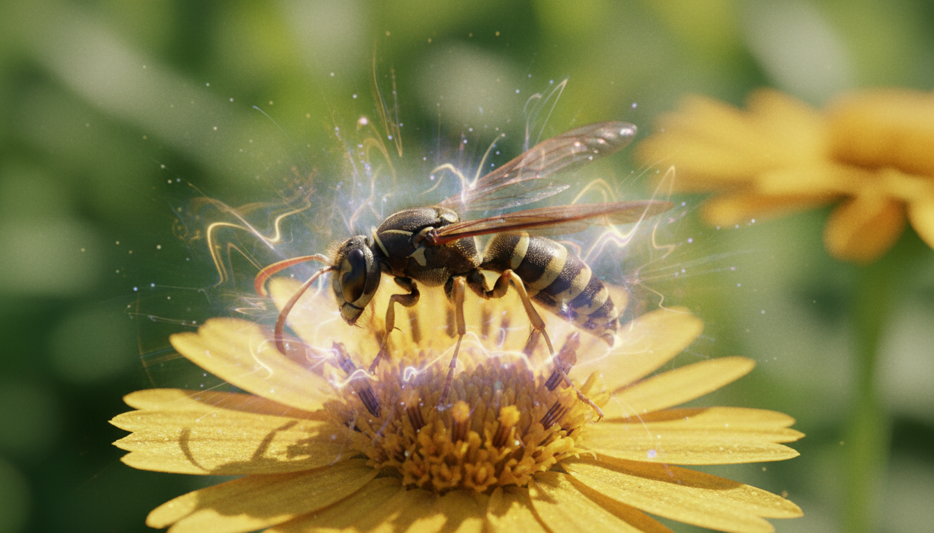 A close-up of a wasp resting on a golden flower in sunlight, radiating an ethereal glow symbolizing spiritual energy.