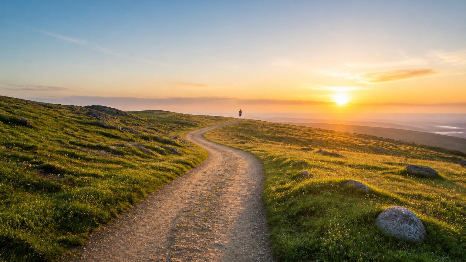 A winding path leading through open countryside toward a bright sunrise horizon, evoking a hopeful journey of change