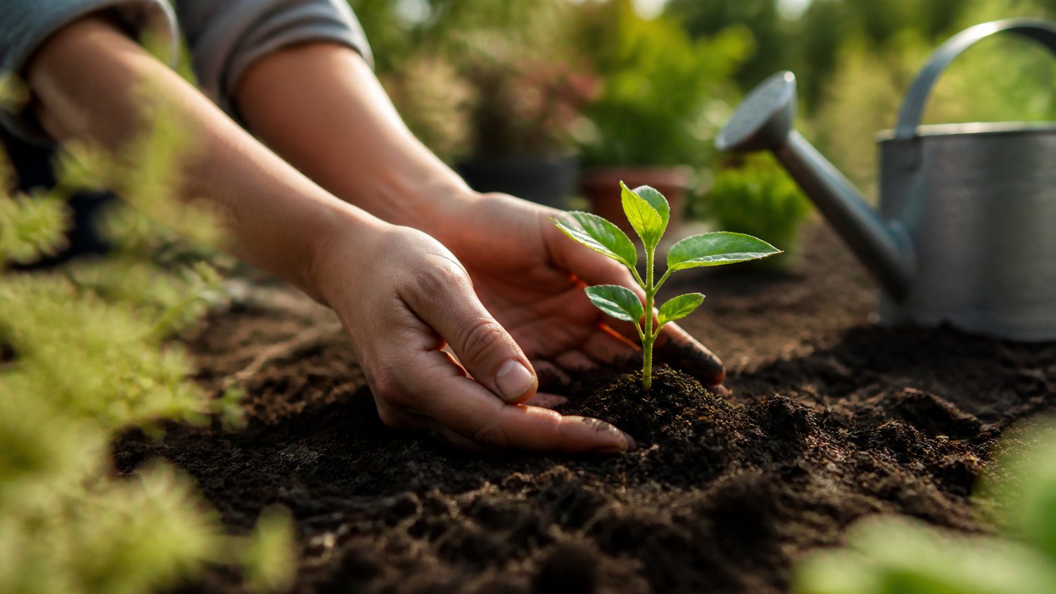 Close-up of hands gently tending a small green seedling in soil, evoking nurturing growth and change over time