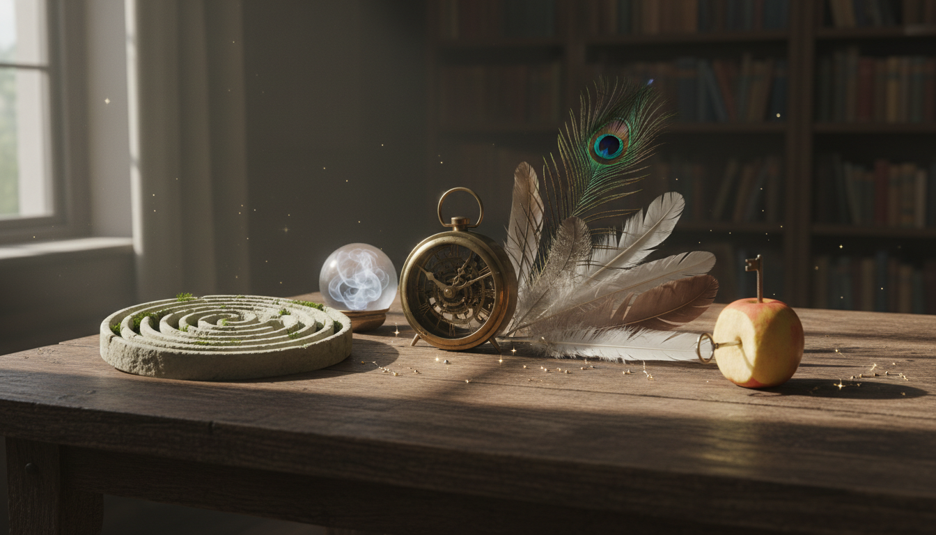 A high-resolution image of dream symbols like a clock, feathers, and a labyrinth on a wooden table