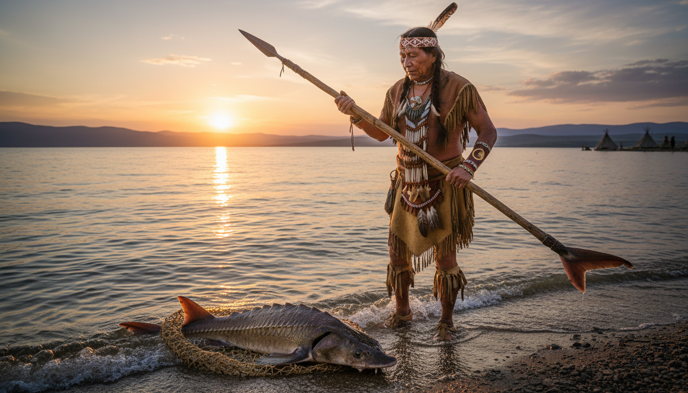 An indigenous fisherman holding an ancient fishing spear with a freshly-caught sturgeon in a woven net near a lake during golden hour.