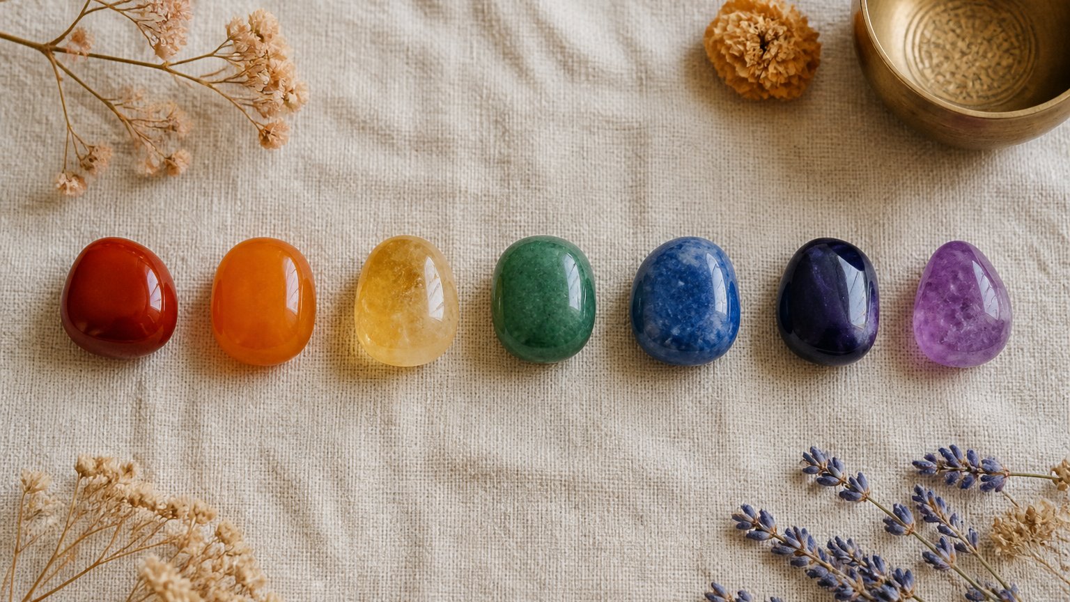 Seven chakra crystals arranged in rainbow order on a linen cloth