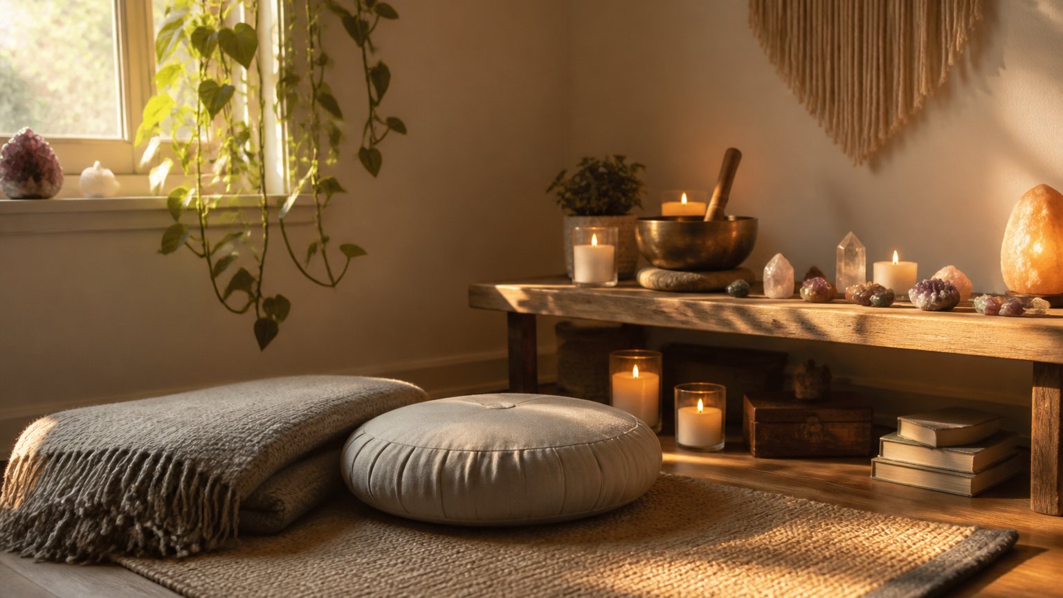 A calm meditation corner with candles and colored stones