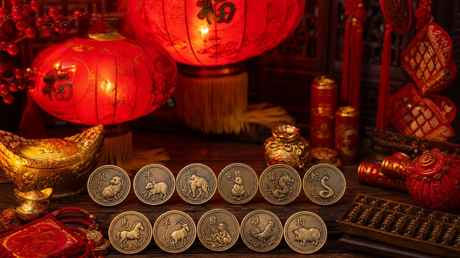 Red and gold Chinese decorations with zodiac motifs, evoking Chinese zodiac compatibility traditions