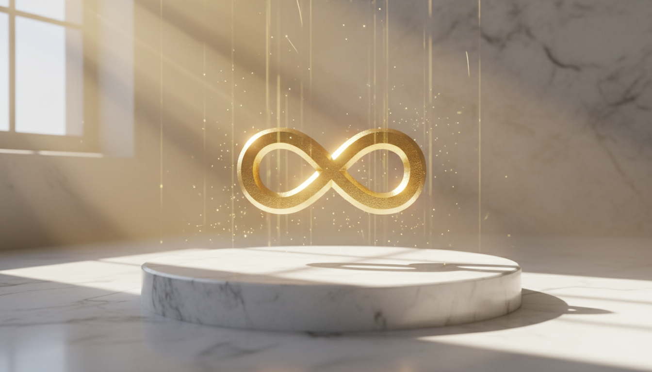 A glowing, photorealistic golden infinity symbol on white marble emitting spiritual energy and golden sunlight beams.