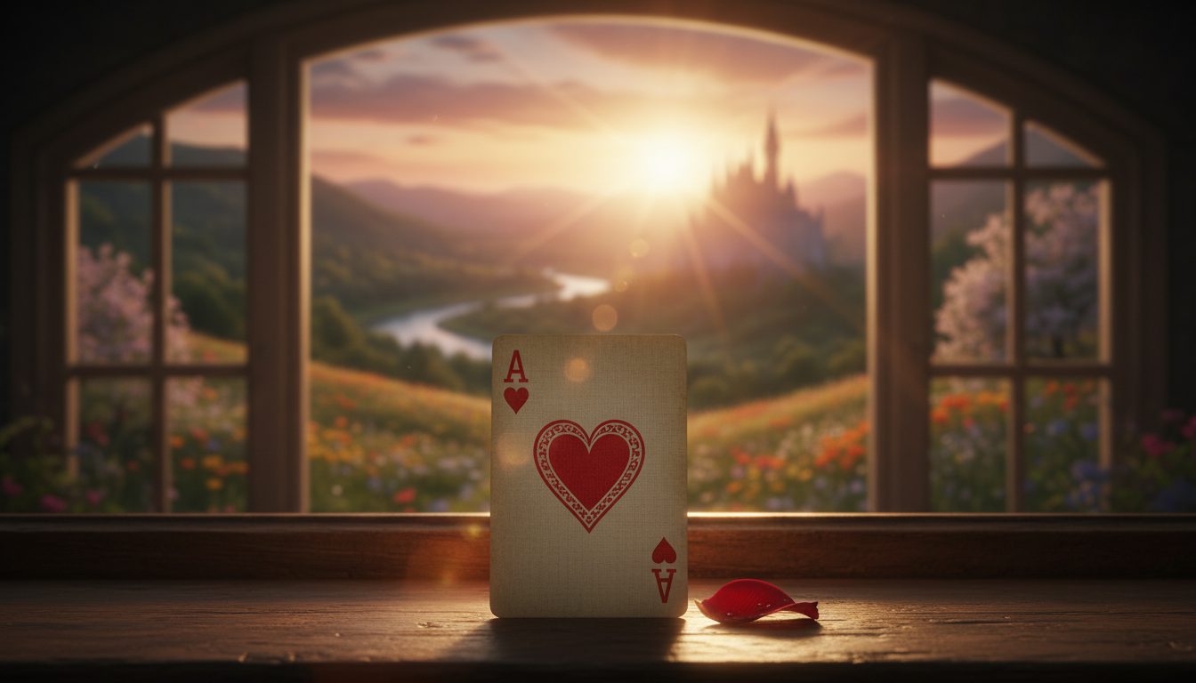 Ace of Hearts card in focus with romantic landscape background, symbolizing love and emotional depth in cartomancy