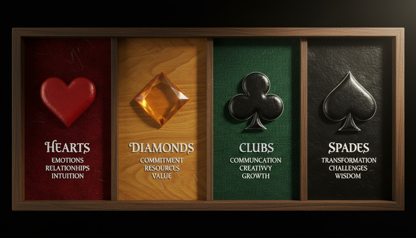 A chart illustrating playing card suits with corresponding meanings: Hearts for emotions, Diamonds for commitment, Clubs for communication, and Spades for transformation.