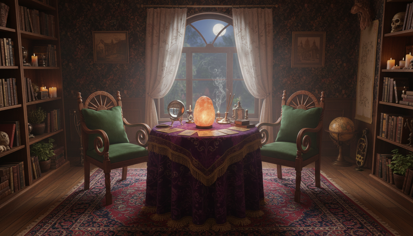 A psychic's reading room featuring a tasseled table, ornate chairs, and a calming salt lamp glow for ambiance