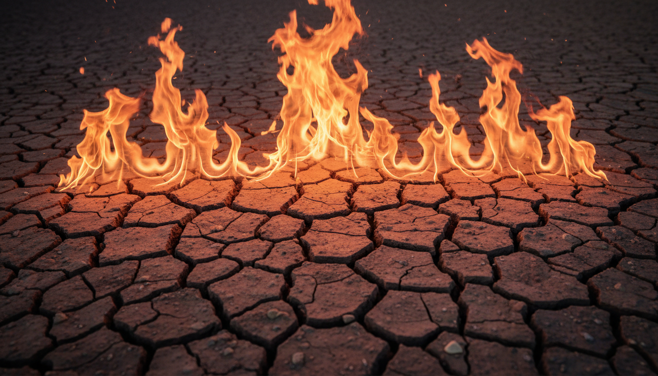 Illustration of fire flames burning on cracked soil symbolizing fiery passion meeting grounded stability of earth signs.